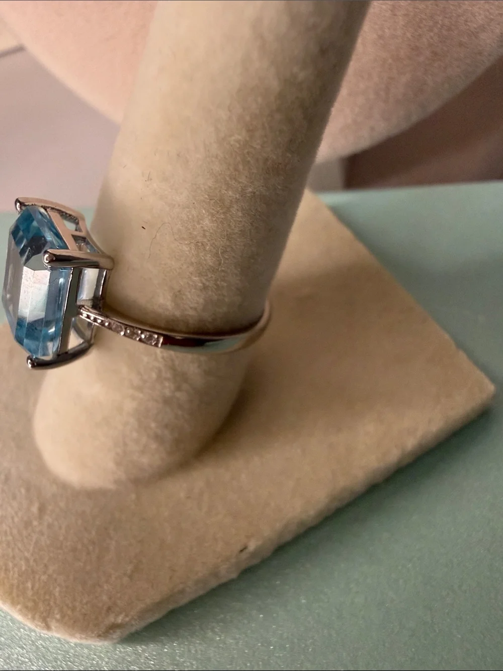 Genuine Lab Aquamarine Emerald-Cut and Moissanite Sterling Silver Ring MSRP $249